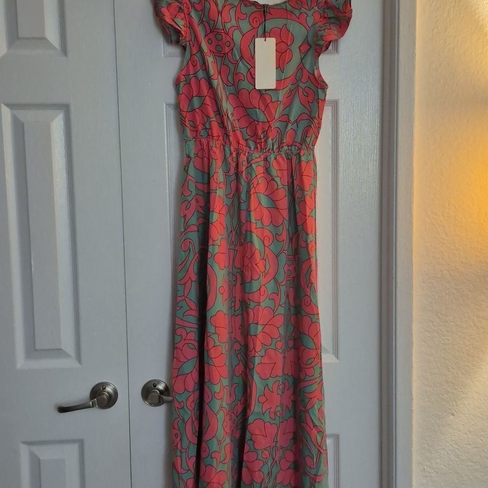 ♡♡♡ Cute Green & Pink Casual Outing Button Dint Floral Ruffle Sleeve Dress s